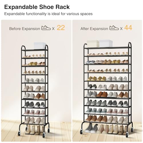 STO STO Expandable Shoe Rack, 10-Tier Metal Tall Shoe Rack for Garage, Up to 44 Pairs Adjustable Shoe Rack Storage for Front Door Entrance, Free Standing Shoe Rack Organizer for Entryway, Black - size: 10-Tier