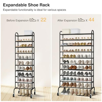 STO STO Expandable Shoe Rack, 10-Tier Metal Tall Shoe Rack for Garage, Up to 44 Pairs Adjustable Shoe Rack Storage for Front Door Entrance, Free Standing Shoe Rack Organizer for Entryway, Black - size: 10-Tier