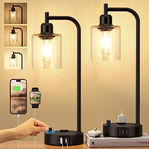Industrial Table Lamps for Bedrooms Set of 2 - Fully Dimmable Bedside Lamps with USB A and C Ports and Outlet, Black Nightstand Lamps with Glass Shade for Living Room, Desk Lamps for Office Reading - color: Seeded Clear