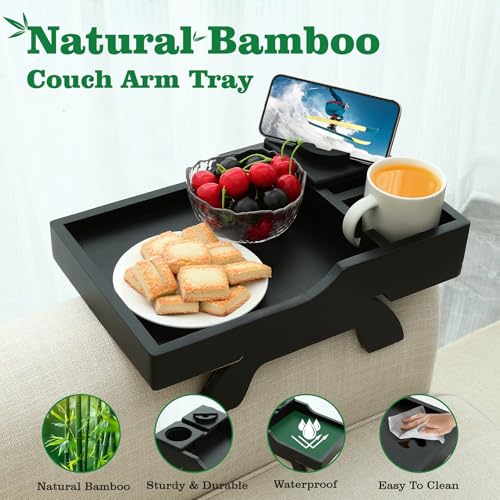 GHKINMAL Couch Cup Holder Tray, 15.4"x9.9" Large 4 in 1 Couch Arm Tray with 360°Rotated Phone Holder, Non-Slip Clip on Side Table for Drinks/Remote/Snacks, Ideal Gift for Husband, Wife, Parents - color: Black