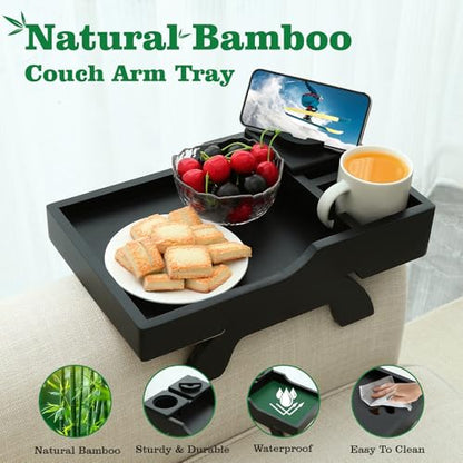 GHKINMAL Couch Cup Holder Tray, 15.4"x9.9" Large 4 in 1 Couch Arm Tray with 360°Rotated Phone Holder, Non-Slip Clip on Side Table for Drinks/Remote/Snacks, Ideal Gift for Husband, Wife, Parents - color: Black