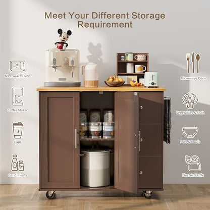 SUNLEI Kitchen Island with Storage Cabinet, Rolling Kitchen Table with Foldable Drop Leaf, Kitchen Island Cart on Wheels with Handle for Towel, Portable Islands for Kitchen (Brown, 39.7-INCH) - size: 39.7 INCH, style: Brown
