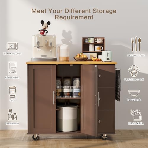 SUNLEI Kitchen Island with Storage Cabinet, Rolling Kitchen Table with Foldable Drop Leaf, Kitchen Island Cart on Wheels with Handle for Towel, Portable Islands for Kitchen (Brown, 39.7-INCH) - size: 39.7 INCH, style: Brown