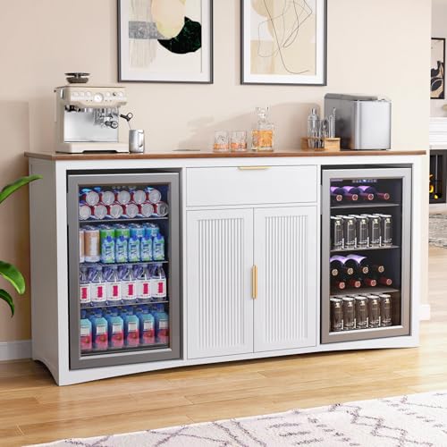 GDLF 70.1" Long Coffee Bar Cabinet with Fridge Space, Modern Wine Liquor Cabinet with Storage & Power Outlet, Buffet Sideboard with Fluted Doors for Home, White - color: White, size: 70.1"