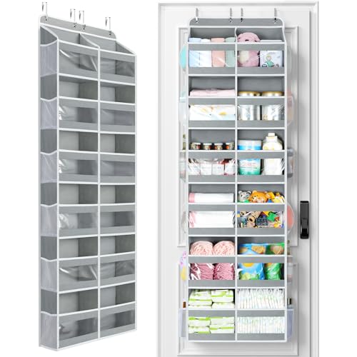 Yecaye 6-Tier Over The Door Organizer Dual-Column of 12 Compartments, College Dorm Essentials with Clear PVC Windows, Heavy Duty Door Organizer Hanging for Bedroom Bathroom Pantry Nursery, Grey 1 Pack - color: Grey, size: 1 Pack 6 Tier