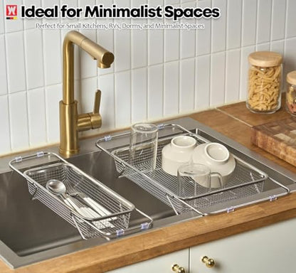 WAGENSTEIGER Extendable Dish Rack with Feet, Vegetable Colander Basket, Stainless Steel Dish or Silverware Drying Rack, Ultimate Kitchen Organizer Over the Sink (12.40 x 5.12 x 2.36 Inches) - size: 12.40 x 5.12 x 2.36 Inches