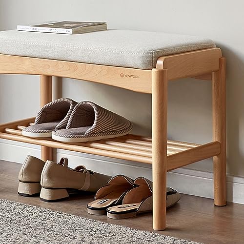 Oak Wood Shoe Bench, 24 Inch Entryway Bench with Light Gray Cushion | Natural oak finish with visible grain and light gray cushion creates a Scandinavian-inspired entryway seat. - color: Natural + Light Gray Cushion, size: 23.62"