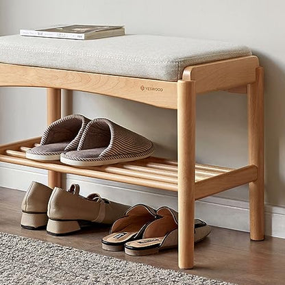 Oak Wood Shoe Bench, 24 Inch Entryway Bench with Light Gray Cushion | Natural oak finish with visible grain and light gray cushion creates a Scandinavian-inspired entryway seat. - color: Natural + Light Gray Cushion, size: 23.62"