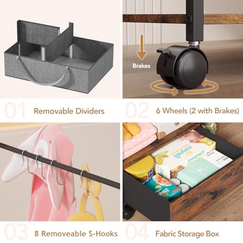 BBLIKE 3in1 Diaper Caddy Organizer - Diaper Caddy & Rolling Diaper Cart with Kids Clothing Rack for Nursery and Baby Essentials, Multi-Function Utility Cart for Bedroom and Bathroom, Black&Brown