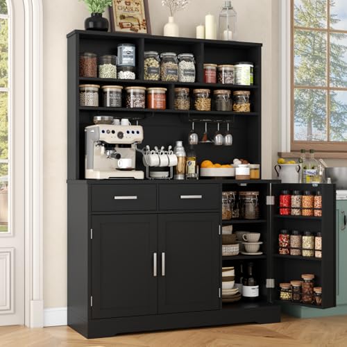 Tall Pantry Cabinet, Modern Kitchen Hutch with Microwave Stand, Kitchen Pantry Storage Cabinet with 2 Darwers & Door Shelf, Food Pantry with Goblet Holders & Adjustable Shelves for Dining Room, Black - color: Black-goblet Holders