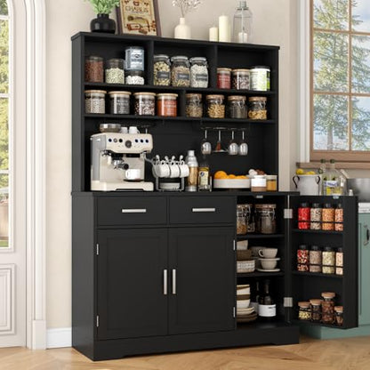 Tall Pantry Cabinet, Modern Kitchen Hutch with Microwave Stand, Kitchen Pantry Storage Cabinet with 2 Darwers & Door Shelf, Food Pantry with Goblet Holders & Adjustable Shelves for Dining Room, Black - color: Black-goblet Holders