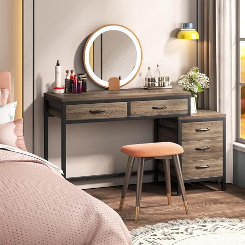 Tribesigns Computer Desk with 5 Drawers, Home Office Desks with Reversible Drawer Cabinet Printer Stand, Industrial PC Desk with Storage, Grey Study Writing Table Workstation for Small Spaces - color: Grey