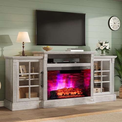 AMERLIFE 70" Farmhouse Fireplace TV Stand for TVs up to 80", Media Console with Storage Cabinets & Adjustable Shelves, Entertainment Center with 28" Electric Fireplace for Living Room, Rustic Grey - color: Light Grey, size: 70"