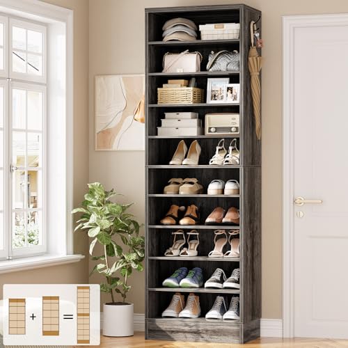 Aheaplus Tall Shoe Cabinet, 10 Tiers Narrow Wood Shoe Rack, Shoe Storage Organizer with Open Storage, Vertical Shoe Shelf Tower for 20-22 Pairs, Space Saving, for Closet, Entryway, Bedroom, Black Oak - color: Black Oak, size: 10 Tier (17.7"W)