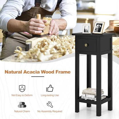 Tangkula 2-Tier Narrow Side Table with Drawer, Acacia Wood Tall End Table for Small Spaces, Farmhouse Slim Bedside Table with Open Shelf, Nightstand for Living Room, Bedroom, No Assembly (2, Black) - color: Black