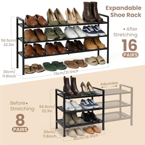 Varhomax Expandable Shoe Rack for Closet and Entryway 3-Tier | Adjustable Shoe Organizer, Sturdy Black Metal Storage Shelf for Apartment, Dorm, Small Spaces