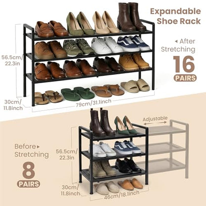 Varhomax Expandable Shoe Rack for Closet and Entryway 3-Tier | Adjustable Shoe Organizer, Sturdy Black Metal Storage Shelf for Apartment, Dorm, Small Spaces