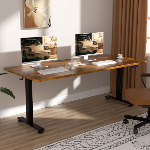 Veken 63×27.6 Inch Large Electric Standing Desk, Gaming Table, Brown | Height Adjustable Sit Stand Up Computer Tables for Home Office, Study , Writing, Suit students, employees and group work - color: Brown, size: 63×27.6 Inch