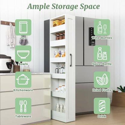 6-Tier Slim Rolling Cart, White | Wooden Spice Rack on Wheels, Mobile Storage Shelving Unit, For Kitchen, Bathroom & Laundry, Narrow Pull-Out Pantry Organizer