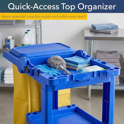 44” x 18” x 38” Blue 3-Shelf Janitorial Cart Kit - Commercial Housekeeping Cart with Yellow Bag, Black Zippered Bag, Lid, Folding Handle for Hotels, Offices, Schools - 175 lb Capacity - size: Small (Blue)