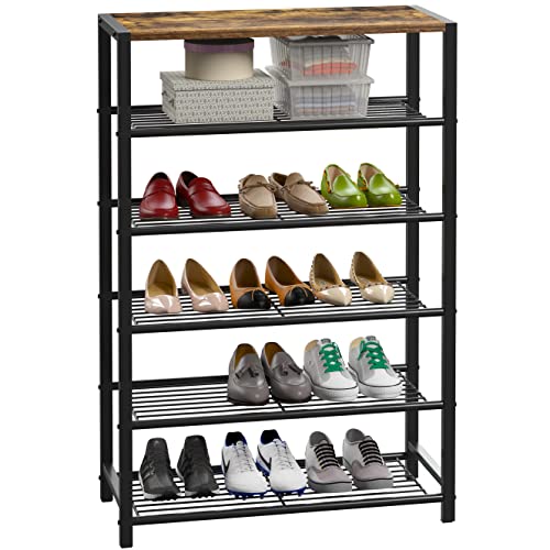 Yusong Shoe Rack Organizer, 6 Tier Industrial Shoe Storage Shelf, Narrow Sturdy Metal Shoe Shelves for Closet Entryway, Rustic Brown - color: Rustic Brown, size: 6 Tier