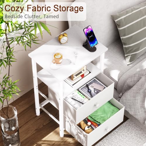 Night Stand, White Nightstands Set of 2 for Bedroom | Small Bedside Table with 2 Fabric Drawers, End Tables Living Room, Bed Side Table with Open Storage Shelf - color: White