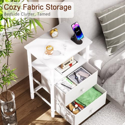 Night Stand, White Nightstands Set of 2 for Bedroom | Small Bedside Table with 2 Fabric Drawers, End Tables Living Room, Bed Side Table with Open Storage Shelf - color: White