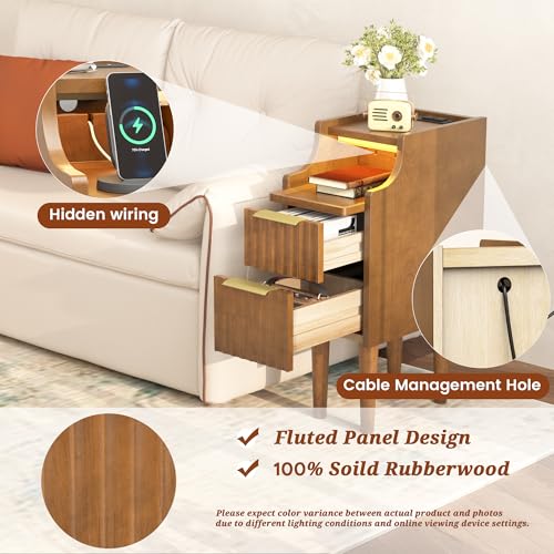 9.7" Narrow Nightstand Set of 2, Solid Wood Nightstand with Charging Station - color: Walnut 2 Pcs