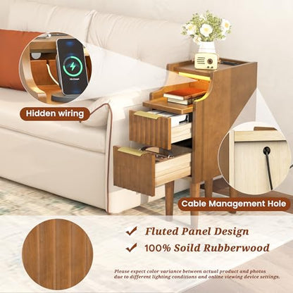 9.7" Narrow Nightstand Set of 2, Solid Wood Nightstand with Charging Station - color: Walnut 2 Pcs