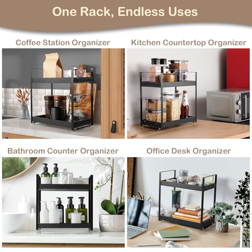 2 Tier Countertop Organizer, Black Wooden Coffee Station Organizer, Kitchen Counter Shelf Spice Rack, Bathroom Counter Organizer for Vanity, Perfume, Makeup, Home Office