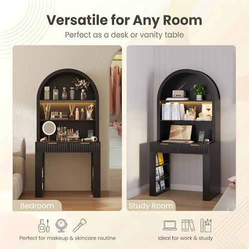 Arched Writing Desk with Hutch, Home Office Desk with 2 Drawers, Secretary Desk with Outlets, 3 Color LED Lights, Open Shelves, Computer Desk for Small Space, Bedroom 35.4" W x 70.8" H (Black)