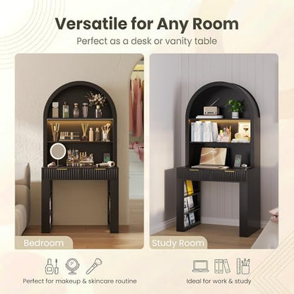 Arched Writing Desk with Hutch, Home Office Desk with 2 Drawers, Secretary Desk with Outlets, 3 Color LED Lights, Open Shelves, Computer Desk for Small Space, Bedroom 35.4" W x 70.8" H (Black)