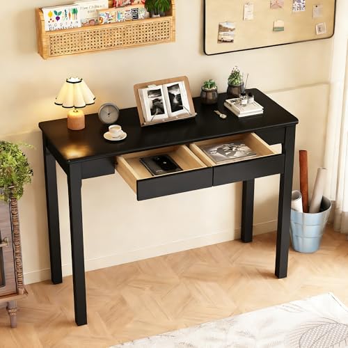 Solid Wooden Desk with Drawers - 39 x 16 Inch Modern Narrow Desks, Rubberwood Simple Study Table, Small Writing Desk for Bedroom|Small Spaces - Black Desks - color: Black, size: 39.4 in W x 15.7 in D