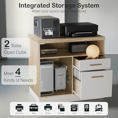 2 Drawer Wood File Cabinet for Home Office Storage, White Wanult | Filing Cabinet for A4 / Letter Documents, 31.5"W * 19.5"D * 29.5"H, Credenza w/ Built-in Power Outlet, Printer Stand - color: Light Walnut