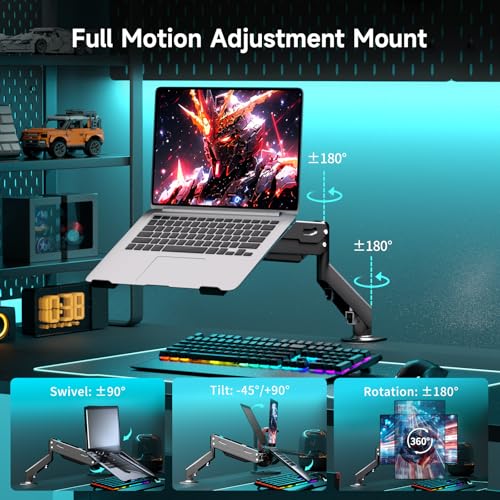 Pholiten 2 in 1 Laptop Desk Mount with Gas Spring Arm, Monitor Laptop Stand for 12-17 Inch Notebook and 13-32 Inch Computer Screen, Holds 22lbs, Full Motion with Vented Tray