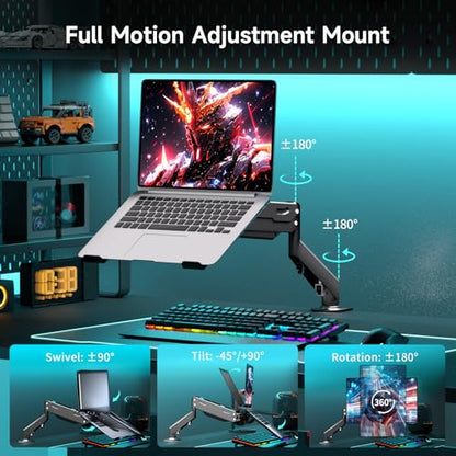 Pholiten 2 in 1 Laptop Desk Mount with Gas Spring Arm, Monitor Laptop Stand for 12-17 Inch Notebook and 13-32 Inch Computer Screen, Holds 22lbs, Full Motion with Vented Tray