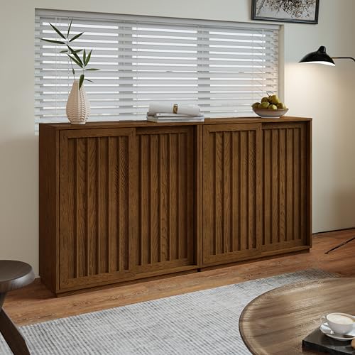 Mid Century Modern Sideboard Buffet Cabinet with 2 Fluted Sliding Door,Small Storage Cabinet with Outlet Holes for Living Room, Kitchen, Entryway, Hallway 32" Walnut - color: Walnut