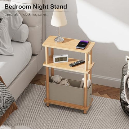 Apicizon Small Narrow Side Table, 3-Tier Skinny End Table for Small Spaces, Slim Nightstand with Fabric Basket, Bedside Table for Living Room, Bedroom, Natural - color: Natural, style: Narrow Side Table with Basket