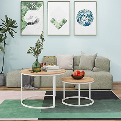 HOJINLINERO Round Coffee Table,Nesting White Coffee Table Set of 2,Large | Center Tables for Living Room, Home Small Space,Stacking Side Tables,Sturdy&Easy Assembly,Wood Desktop,White+Teak OAKDK - color: Wh+oakdk, size: Large