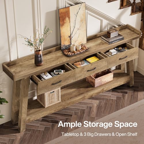 Tribesigns 70.9-Inch Sofa Console Table with 3 Drawers, 2-Tier Extra Long Farmhouse Entryway Table with Raised Baffle and Storage Shelves for Living Room, Couch, Hallway, Foyer, Entrance, Rustic Brown