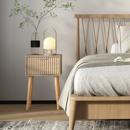 LAATOOREE Nightstands Set of 2, Small Side Table, Bedside Table with Fluted Door, Solid Wood Feet; Modern Mid-Century End Table for Bedroom, Small Space (Natural) - color: Natural, style: Fluted Style