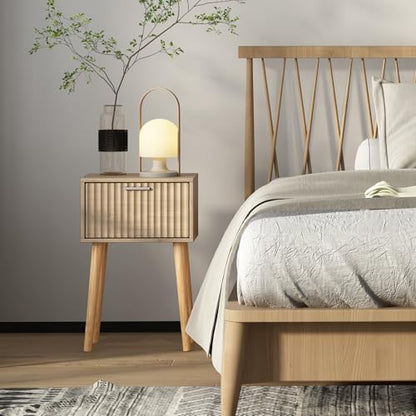 LAATOOREE Nightstands Set of 2, Small Side Table, Bedside Table with Fluted Door, Solid Wood Feet; Modern Mid-Century End Table for Bedroom, Small Space (Natural) - color: Natural, style: Fluted Style