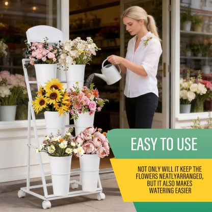 Flower display stand, three tiers with six vases, suitable for flower bars and indoor/outdoor celebrations. The flower cart display stand comes with a chalkboard and wheels (white). - color: White