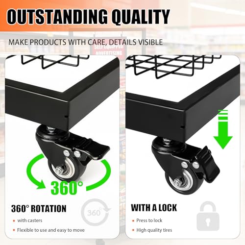 3-Tier Metal Wire Basket Display Cart with Lockable Casters and Blank Sign Holder Multipurpose Storage Rack for Snack Candy Fruit Bakery Convenience Store Kitchen Pantry