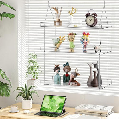 Tlence 3-Tier Window Plant Shelves, Hanging Acrylic Plant Shelf for Indoor, Clear Window Shelf for Plants, Height Adjustable Flower Display Stand, Succulent Pot Organizer for Herbs Microgreens
