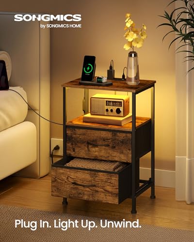 SONGMICS BELLAH Collection - Nightstand with Charging Station and App-Controlled Adjustable LED Lights, Bed Side Table, 2 Drawers and 1 Open Shelf, Industrial, Rustic Brown and Ink Black ULGS302KD01S - color: Rustic Brown + Ink Black, size: 2 Drawers