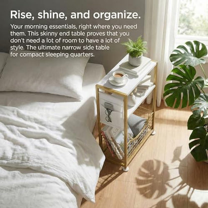 Skinny Side Table with Storage, 3 Tier Slim Side Tables for Small Spaces, Skinny End Table Narrow Bedside Table Narrow Side Table for Living Room, Bedroom - color: White Gold