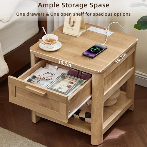 Joaxswe Farmhouse Side Tables Living Room, Small Nightstand with 1 Drawers & Open Shelving & 4 Thickened Table Legs, Natural Wood - color: Natural, size: Single