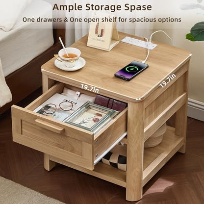 Joaxswe Farmhouse Side Tables Living Room, Small Nightstand with 1 Drawers & Open Shelving & 4 Thickened Table Legs, Natural Wood - color: Natural, size: Single