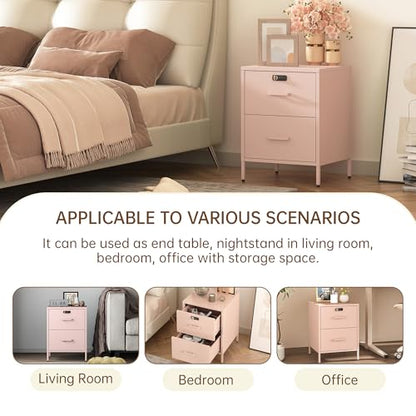 Steehoom Metal Nightstand with Lock, 2 Drawer End Side Table, Lockable Storage Cabinet Kids Cabinet for Living Room, Bedroom, Dorm, 21.26”H X 15.75”W X 15.75”D (2 Drawer, Pink) - color: Pink, style: 2 Drawer